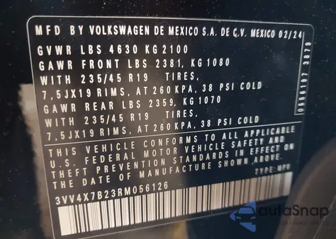 2024 Volkswagen Taos 1.5T Sel z USA, uszkodzony, nr VIN 3VV4X7B23RM056126